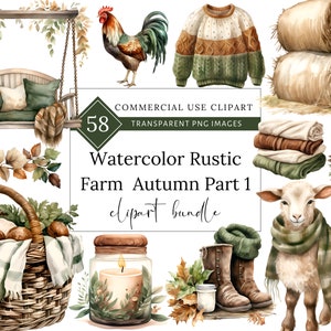 May include: Watercolour clipart bundle featuring 58 rustic farm autumn illustrations. Includes a swing, hay bales, a rooster, a basket of bread, a jar with a candle, a lamb, boots, a sweater, and a stack of blankets.