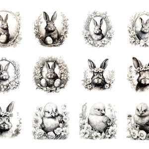 Vintage Easter Bunny Clipart, Ink Sketch illustrations, Victorian Easter Rabbit Decor, Retro Easter PNG, Easter invitations, Junk Journal