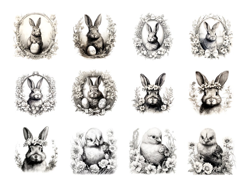 Vintage Easter Bunny Clipart, Ink Sketch illustrations, Victorian Easter Rabbit Decor, Retro Easter PNG, Easter invitations, Junk Journal