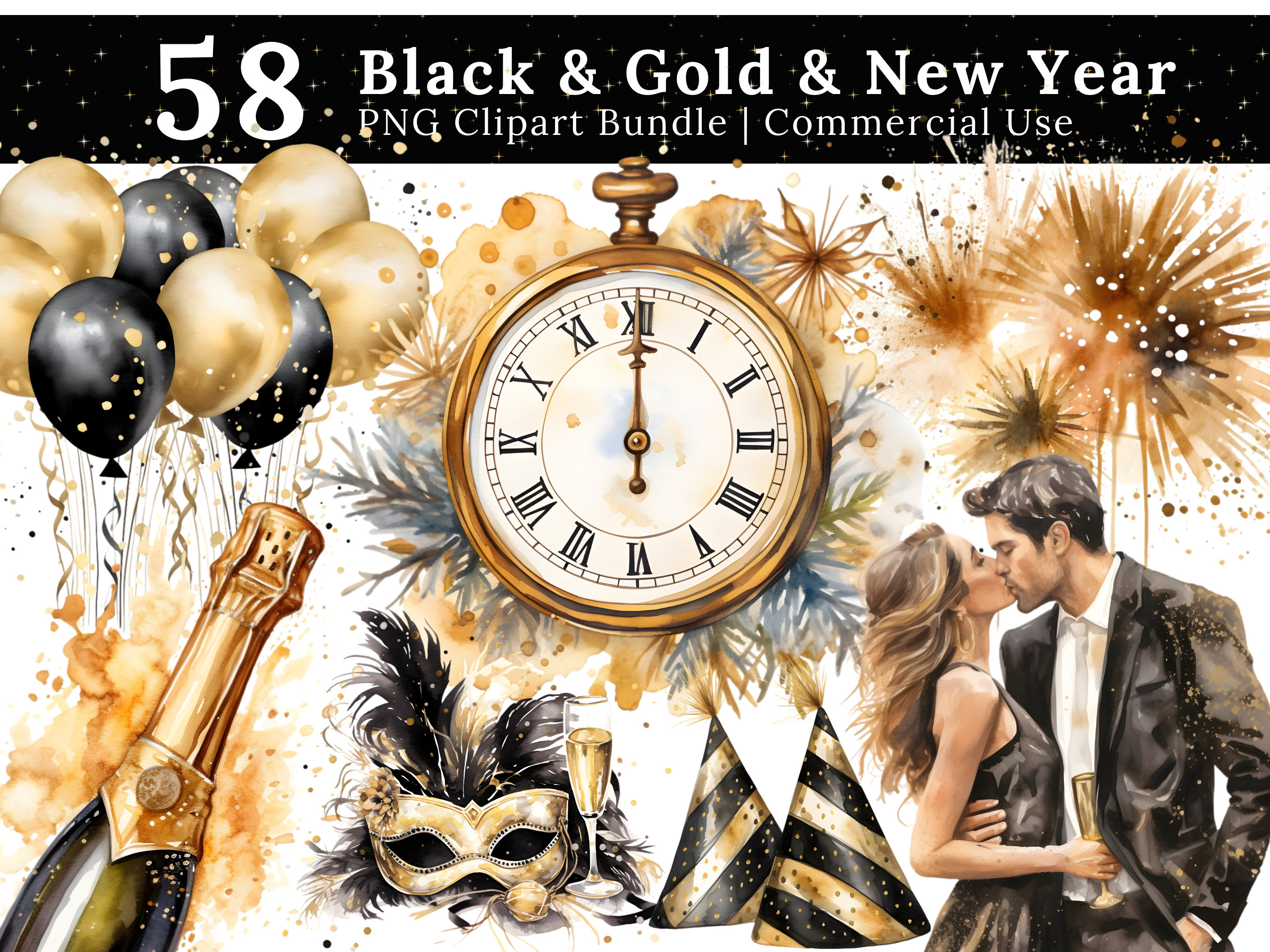 May include: A set of 58 black and gold New Year's Eve clipart images. The images include a clock, champagne bottle, party hats, fireworks, a couple kissing, and a masquerade mask.
