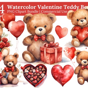 Pacchetto di clipart di orsacchiotti di San Valentino ad acquerello, uso commerciale, illustrazione di orsetto di San Valentino, orsetti dell'amore png, clipart per diari spazzatura