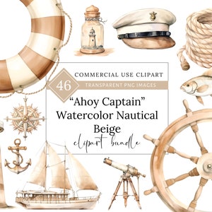 Clipart collection nautique beige aquarelle, graphisme marin, plage vintage, bundle PNG Bachelorette, côtier SVG, océan, usage Commercial