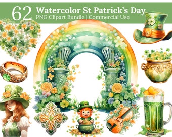 Watercolor St.Patrick’s Day Clipart, St.Patrick’s Day PNG, Irish Clip Art, Rainbow Green clipart, Floral Shamrock, Watercolor Leprechaun