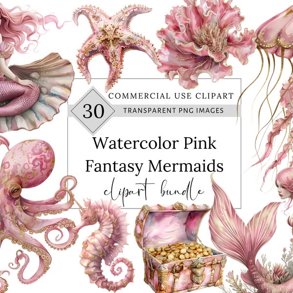 Watercolor Mermaid Clipart, Fairy Tale, Magical Fantasy Clip Art, Pink Mermaid clipart PNG, Junk Journal, transparent png, commercial use