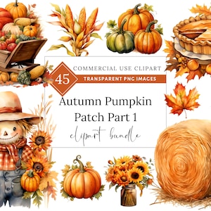 May include: A digital clipart bundle of 45 autumn pumpkin patch illustrations. The illustrations include pumpkins, hay bales, scarecrows, sunflowers, corn, leaves, and a pumpkin pie. The illustrations are in watercolor style and are perfect for fall crafts and decorations.