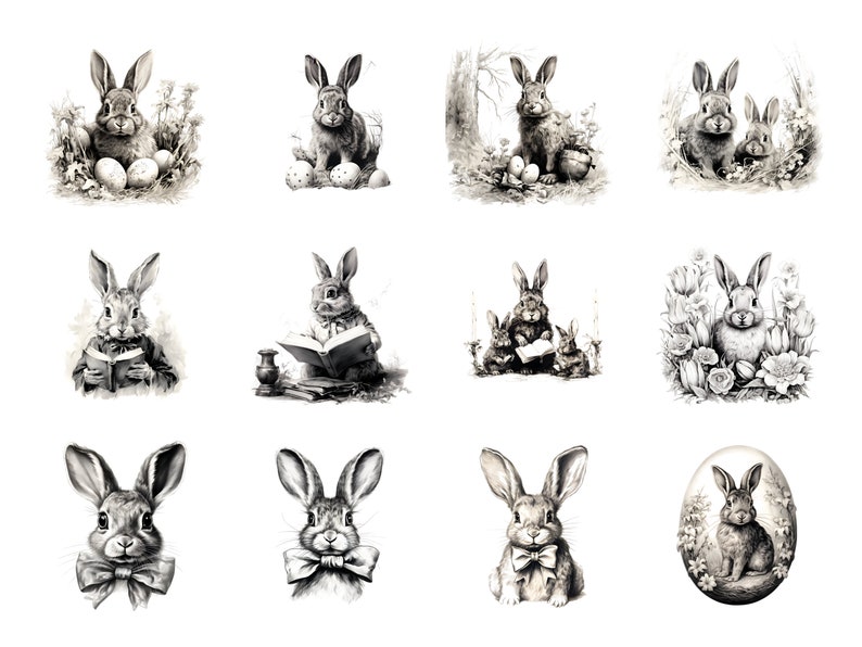 Vintage Easter Bunny Clipart, Ink Sketch illustrations, Victorian Easter Rabbit Decor, Retro Easter PNG, Easter invitations, Junk Journal