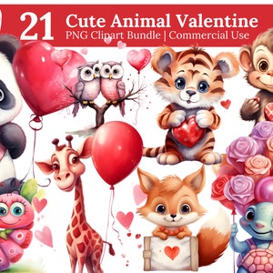 21 Cute Animal Valentine PNG  Bundle, Baby Animal Valentine clipart, Watercolor love clipart, sublimations, SVG, PNG, Valentine cards