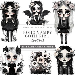 Watercolor boho Goth Girl Clipart Bundle, Spooky vampy Chibi dolls, halloween Floral PNG (35 Files)
