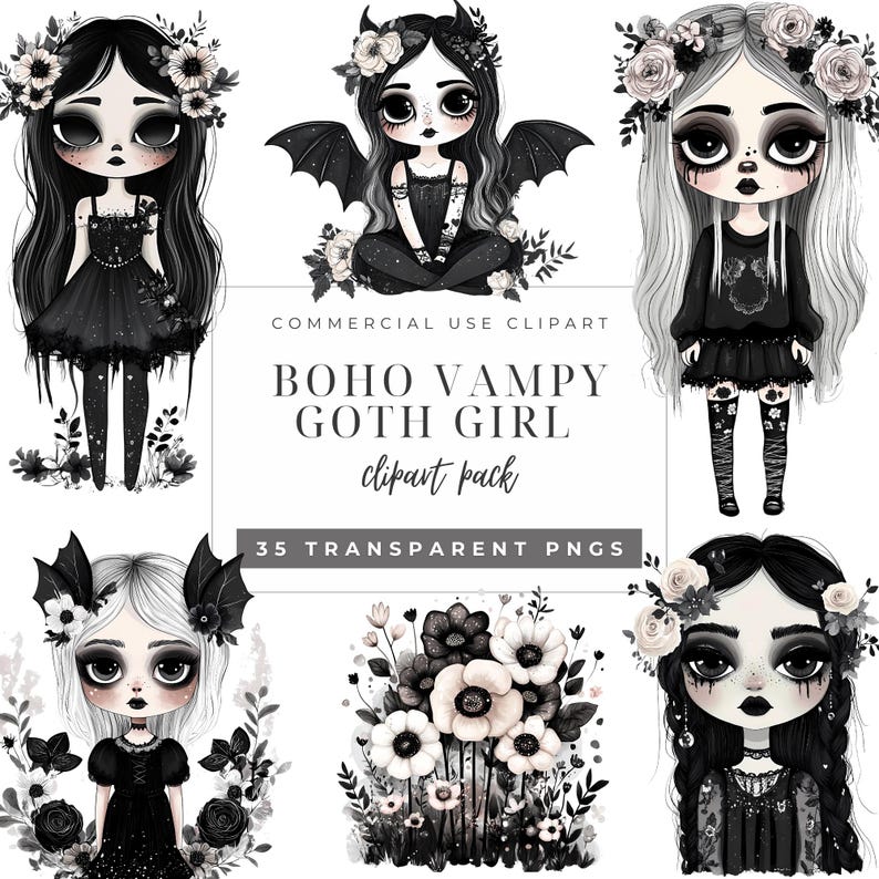 Watercolor Boho Goth Girl Clipart Bundle, Vampy Chibi clipart, Emo girl, Halloween Vampire PNG, Spooky Floral, Moody Boho SVG Commercial Use