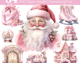 May include: A digital illustration titled "84 Shades of Pink Christmas." The image features Santa Claus, gifts, ice skates, a snow globe, a train, and a house, all in shades of pink. The clipart bundle is for commercial use.