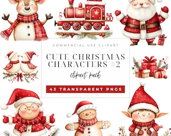 Watercolor Cute Christmas Clipart Bundle, Quirky Festive Characters PNG, Santa gift tag graphic
