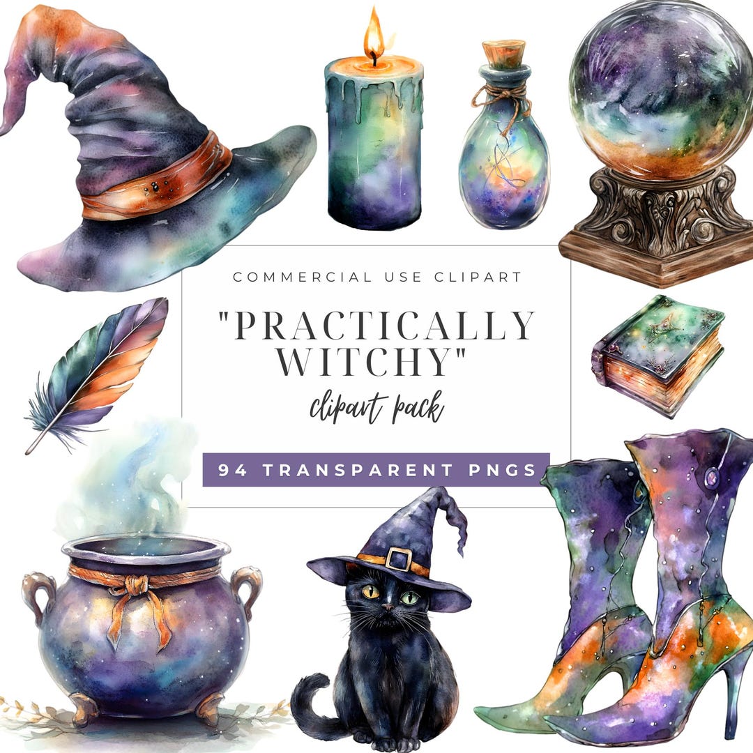 Watercolor Practically Witchy Clipart Bundle, 90's Retro Grunge ...