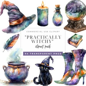 Puede incluir: Un conjunto de 94 imágenes de clipart de bruja en acuarela. Las imágenes incluyen un sombrero de bruja, un caldero, un gato negro, un libro, una botella, una vela, una bola de cristal, una pluma y botas. Las imágenes están todas en un estilo de acuarela y tienen un diseño galáctico.