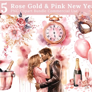 Aquarel roze nieuwjaar clipart, gelukkig nieuwjaar clipart, Rose goud nieuwjaar, 2024 nieuwjaar, sublimaties, SVG, png, maskerade uitnodiging