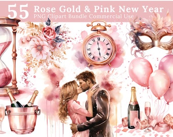 Watercolor Pink New Year Clipart, Happy New Year Clipart, Rose Gold New Year, 2024 New Year, sublimations, SVG, PNG, Masquerade invitation
