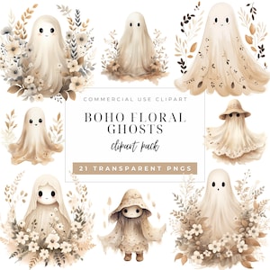 Whimsigoth Boho Floral Ghost Clipart, Aquarela Halloween PNG, Esqueleto Assustador, Floral Ghoul SVG, Espantalho Assustador, Halloween, Comercial
