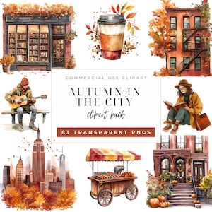 Pacote de clipart de outono em aquarela na cidade, imagens de outono douradas, abóbora PNG, cobertor aconchegante SVG, decoração de folhas de outono, Nova York, uso comercial