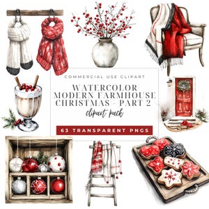 Könnte beinhalten: Aquarell-Clipart-Set mit einem modernen Landhaus-Weihnachtsthema. Enthält einen rot-weiß karierten Schal, einen weißen Schal, eine rot-weiß karierte Decke, eine rote Decke, eine weiße Vase mit roten Beeren, ein Holzregal mit Weihnachtskugeln, eine Leiter mit einem rot-weiß karierten Schal, ein Tablett mit Weihnachtskeksen und eine rote Tür mit einem Kranz.