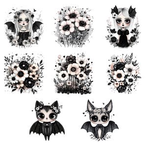 Watercolor Boho Goth Girl Clipart Bundle, Vampy Chibi clipart, Emo girl, Halloween Vampire PNG, Spooky Floral, Moody Boho SVG Commercial Use