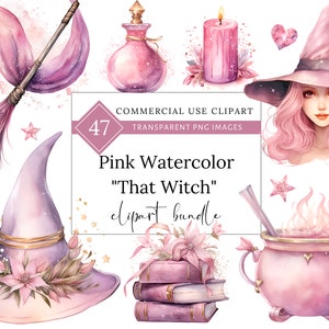 Aquarel pastel roze heks clipartbundel, "die heks" graphics, pastelween png, roze heks hoed SVG, flirt Halloween, goede heks kunst