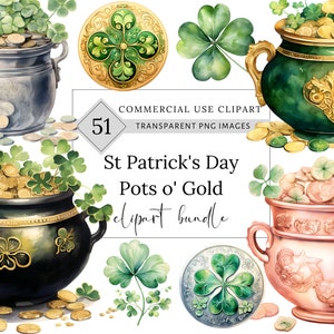 May include: A set of 51 St. Patrick's Day clipart images featuring pots of gold, shamrocks, and coins. The pots are in various colors, including silver, green, black, and pink. The images are perfect for creating festive crafts, cards, and decorations.