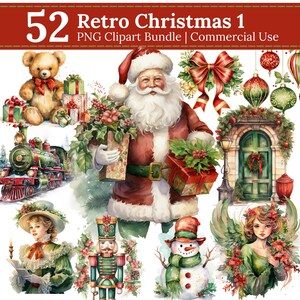 Clipart de Natal retrô em aquarela, PNG de boneco de neve festivo, Papai Noel vintage, SVG, imagens de vila de Natal, etiquetas de presente, sublimações, diário de lixo