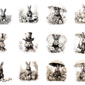 Vintage Easter Bunny Clipart, Ink Sketch illustrations, Victorian Easter Rabbit Decor, Retro Easter PNG, Easter invitations, Junk Journal