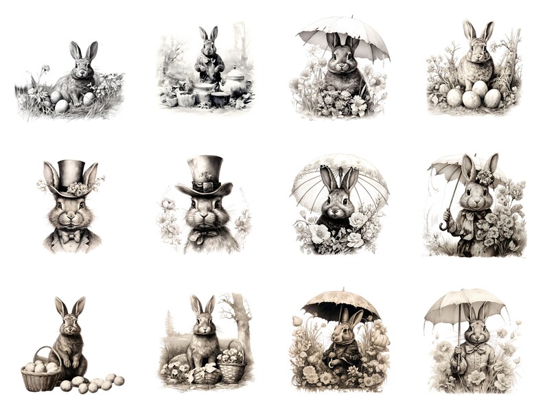 Vintage Easter Bunny Clipart, Ink Sketch illustrations, Victorian Easter Rabbit Decor, Retro Easter PNG, Easter invitations, Junk Journal