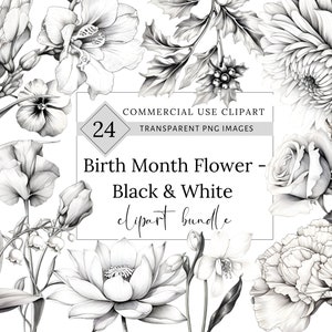 Aquarell Geburtsmonat Blumen SVG Clipart Bundle, Schwarzweiß Geburtsmonat Blume, Floral Clipart, Geburtsmonat Blume PNG, Junk Journal,