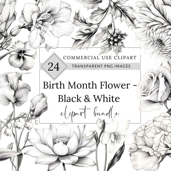 Watercolor Birth Month Flower SVG Clipart Bundle, Black and White Birth month flower, Floral clipart, Birth month flower PNG, Junk Journal,