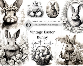 Vintage Easter Bunny Clipart, Ink Sketch illustrations, Victorian Easter Rabbit Decor, Retro Easter PNG, Easter invitations, Junk Journal