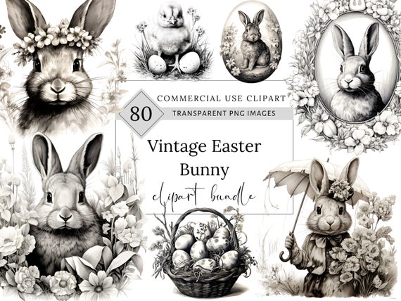 Vintage Easter Bunny Clipart, Ink Sketch illustrations, Victorian Easter Rabbit Decor, Retro Easter PNG, Easter invitations, Junk Journal