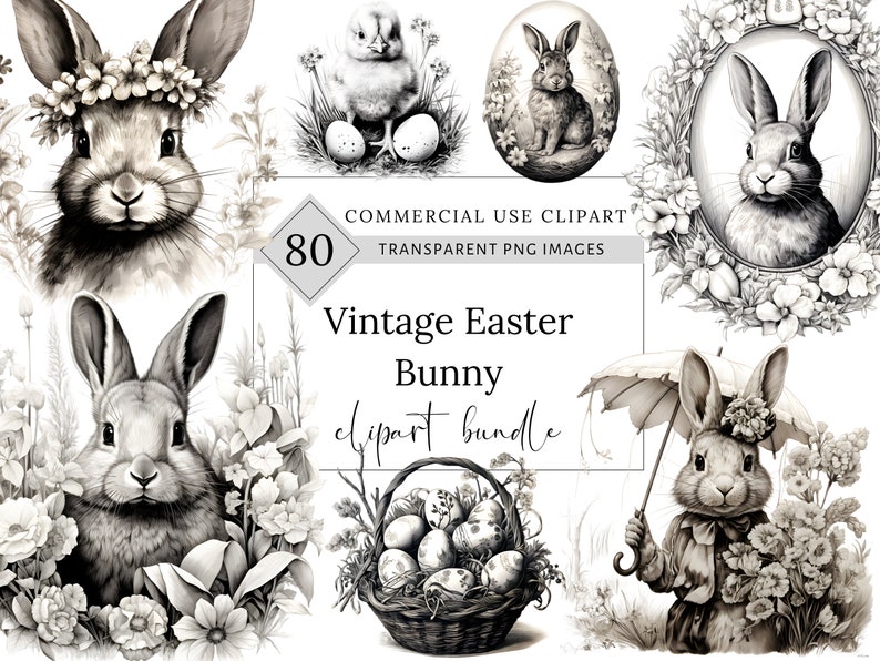 Vintage Easter Bunny Clipart, Ink Sketch illustrations, Victorian Easter Rabbit Decor, Retro Easter PNG, Easter invitations, Junk Journal