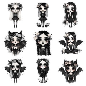 Watercolor Boho Goth Girl Clipart Bundle, Vampy Chibi clipart, Emo girl, Halloween Vampire PNG, Spooky Floral, Moody Boho SVG Commercial Use
