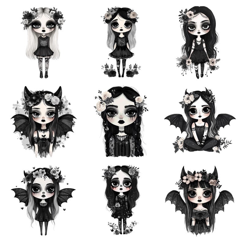 Watercolor Boho Goth Girl Clipart Bundle, Vampy Chibi clipart, Emo girl, Halloween Vampire PNG, Spooky Floral, Moody Boho SVG Commercial Use