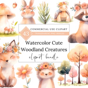 Aquarel schattig bos wezen clipart bundel, grillige bos dieren png, decor van de kinderkamer, babyshower kunst, babyschildpad met bloemen SVG