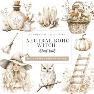 May include: A set of 92 digital clipart images featuring a neutral boho witch theme. The images include a witch with long blonde hair wearing a pointed hat, an owl, a pumpkin, a ladder, a basket of mushrooms, crystals, a bottle, and a broom.