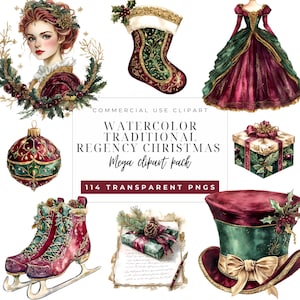Bundle de cliparts Noël époque Régence traditionnelle aquarelle, Noël victorien, robe Régence PNG, graphiques de Junk Journal, écusson de mariage