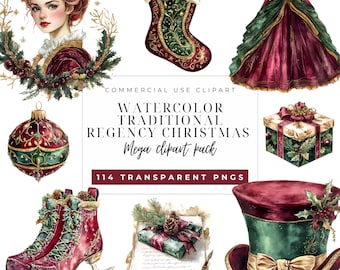 Watercolor Traditional Regency Era Christmas Clipart Bundle, Victorian christmas, Regency Dress PNG, Junk Journal Graphics, Wedding Crest