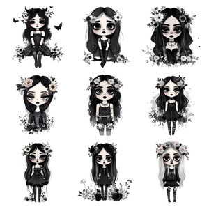 Watercolor Boho Goth Girl Clipart Bundle, Vampy Chibi clipart, Emo girl, Halloween Vampire PNG, Spooky Floral, Moody Boho SVG Commercial Use