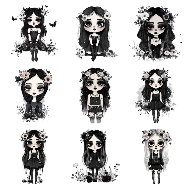 Watercolor Boho Goth Girl Clipart Bundle, Vampy Chibi clipart, Emo girl, Halloween Vampire PNG, Spooky Floral, Moody Boho SVG Commercial Use