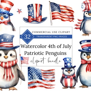 Clipart de pingüinos patrióticos de acuarela, 4 de julio, lindo PNG de EE. UU., gráfico de animales americanos, azul vintage, rojo y blanco, uso comercial SVG