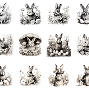 Vintage Easter Bunny Clipart, Ink Sketch illustrations, Victorian Easter Rabbit Decor, Retro Easter PNG, Easter invitations, Junk Journal