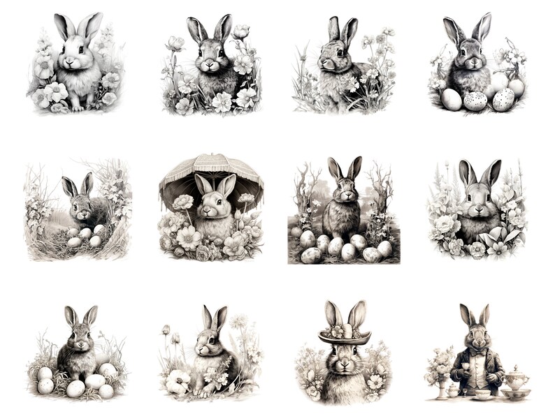 Vintage Easter Bunny Clipart, Ink Sketch illustrations, Victorian Easter Rabbit Decor, Retro Easter PNG, Easter invitations, Junk Journal