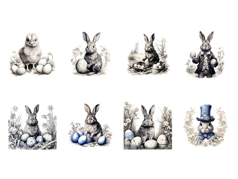 Vintage Easter Bunny Clipart, Ink Sketch illustrations, Victorian Easter Rabbit Decor, Retro Easter PNG, Easter invitations, Junk Journal