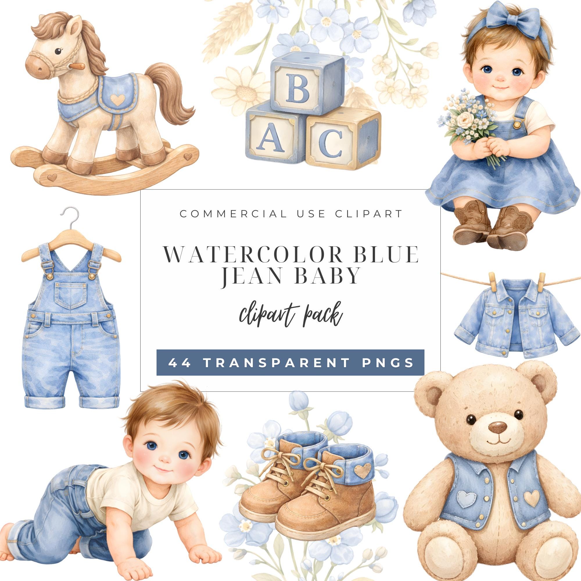Watercolor Denim Baby Clipart Bundle, Blue Jean Nursery Art, Baby ...