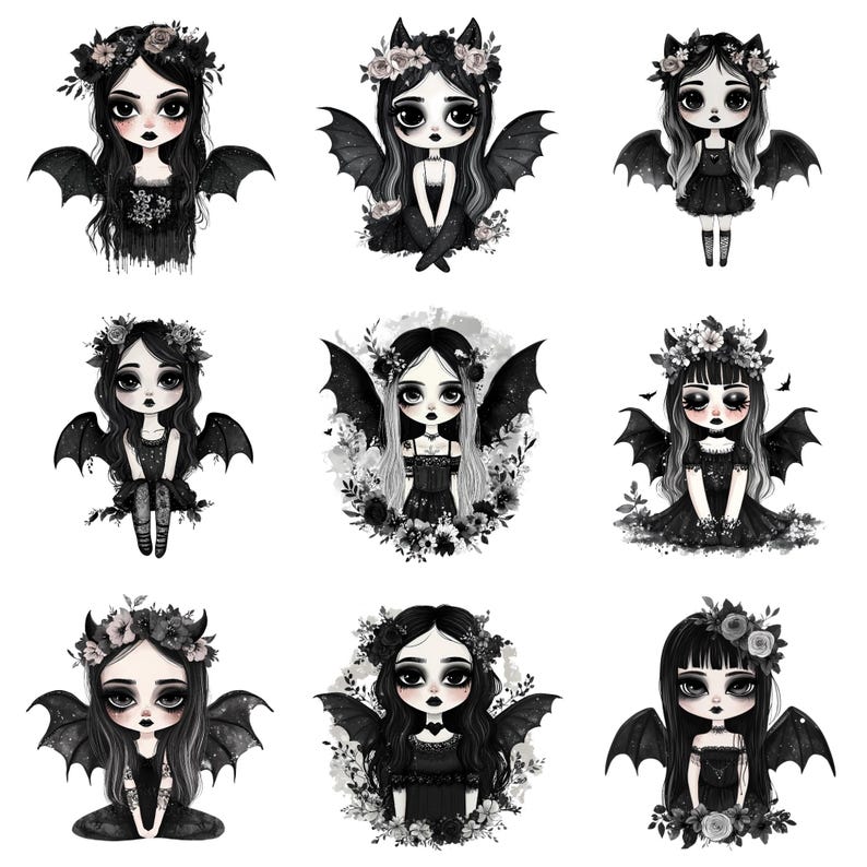 Watercolor Boho Goth Girl Clipart Bundle, Vampy Chibi clipart, Emo girl, Halloween Vampire PNG, Spooky Floral, Moody Boho SVG Commercial Use