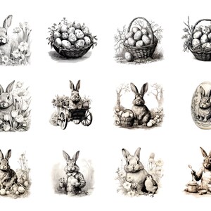 Vintage Easter Bunny Clipart, Ink Sketch illustrations, Victorian Easter Rabbit Decor, Retro Easter PNG, Easter invitations, Junk Journal