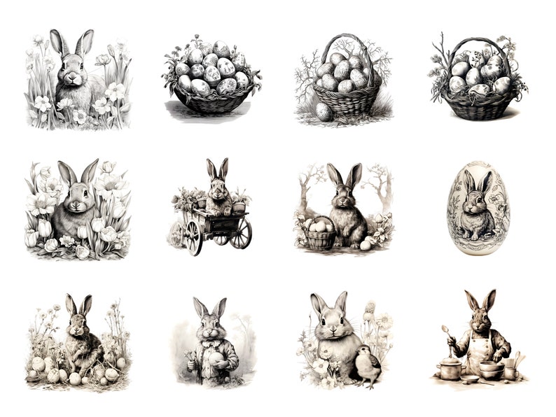 Vintage Easter Bunny Clipart, Ink Sketch illustrations, Victorian Easter Rabbit Decor, Retro Easter PNG, Easter invitations, Junk Journal
