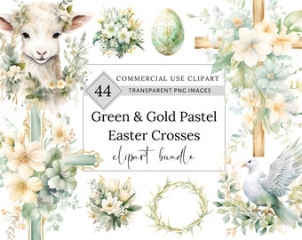 Watercolor Green Easter Christian Cross Clipart, Religious graphics png, Resurrection svg, Baptism illustration, Cute Lamb Easter invitation